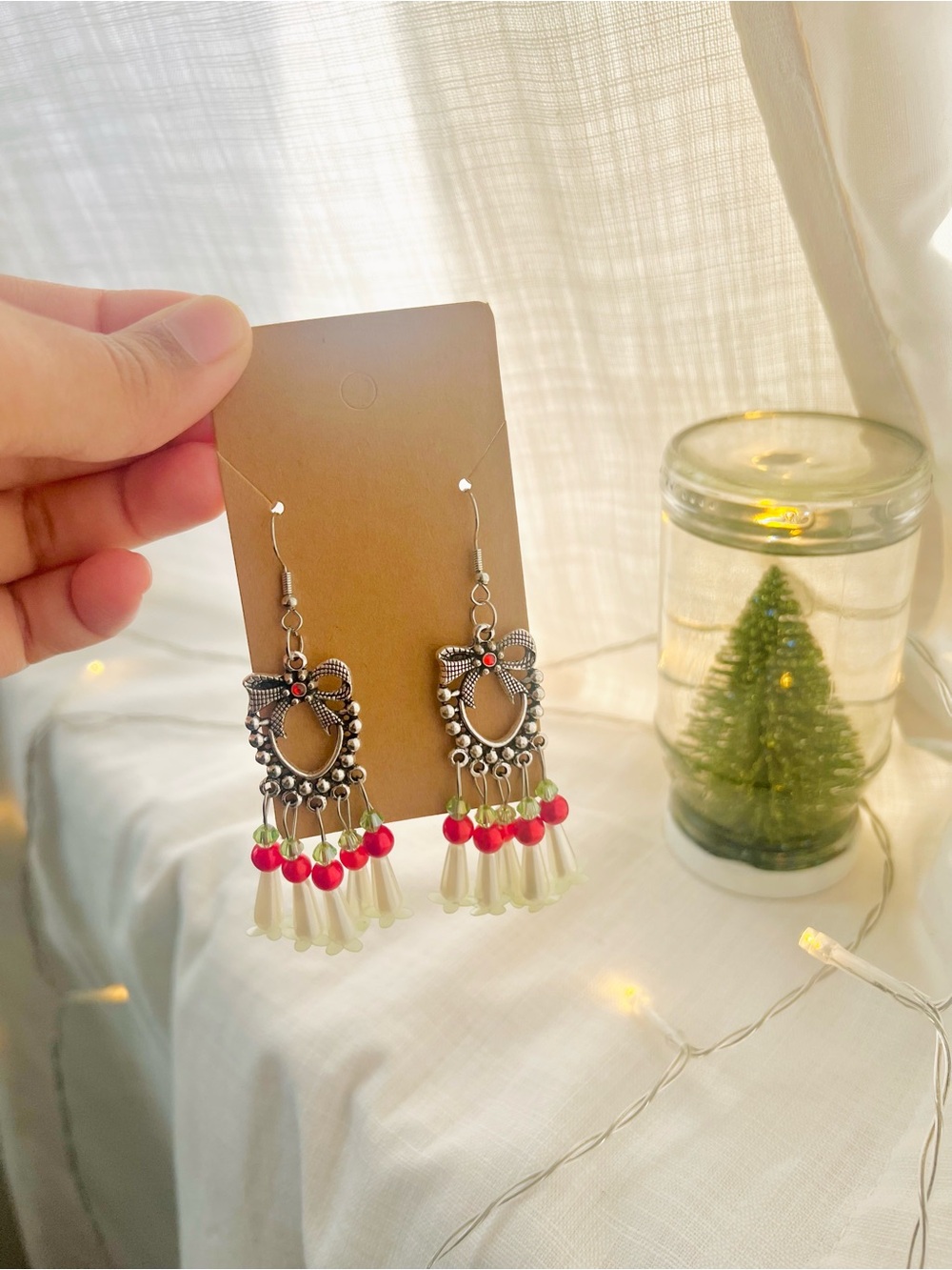 Handcrafted Silver-Tone Red & White Beaded Dangle Earrings | Christmas Jewelry